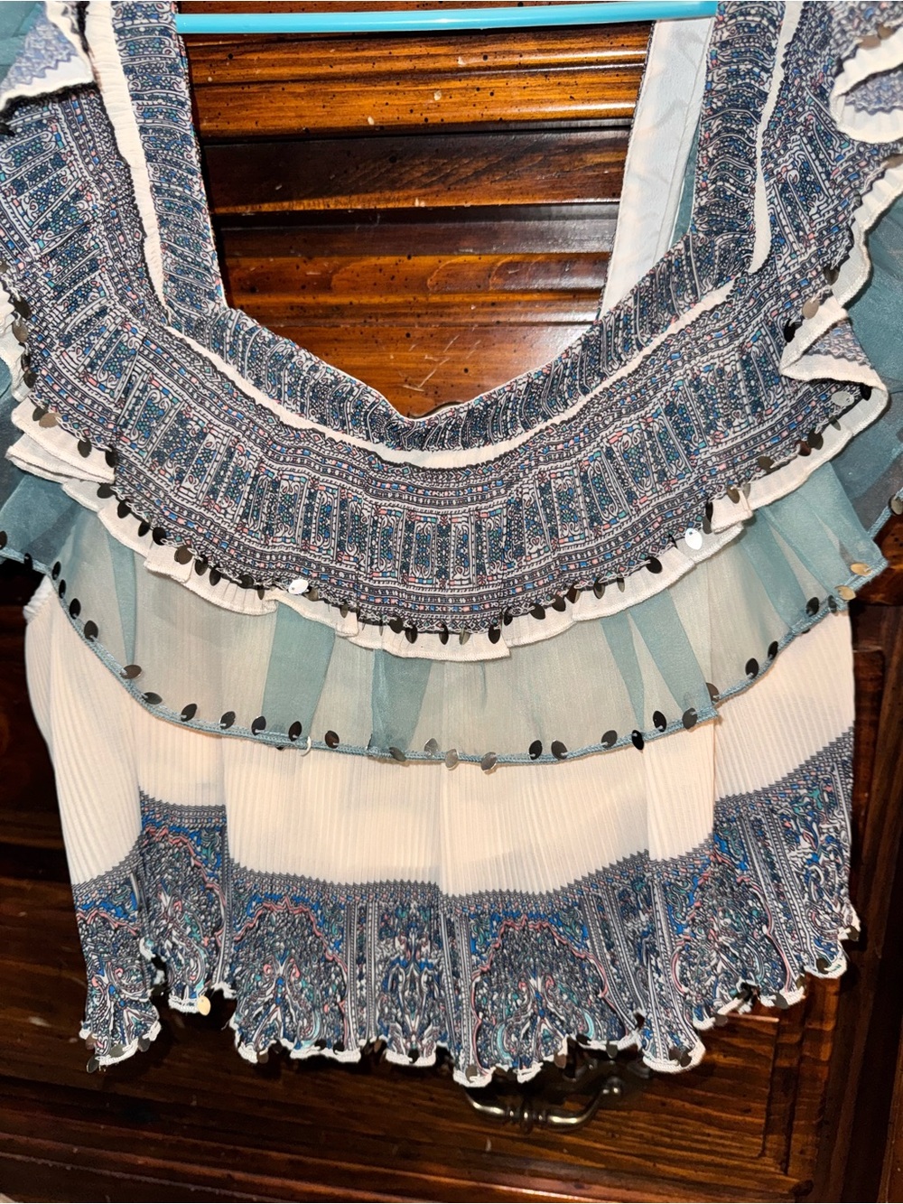 Anthropologie Smocked Ruffle Layered Blouse in Shades Of Blue and White - Picture 7 of 7
